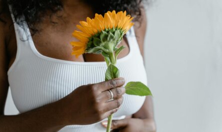 Close-up of woman in white top holding a bright sunflower, focusing on hands and flower.