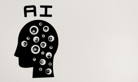 Abstract illustration of AI with silhouette head full of eyes, symbolizing observation and technology.