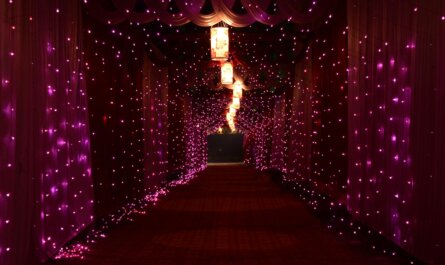 A mesmerizing corridor lit with vibrant purple lights creating a magical ambiance indoors.